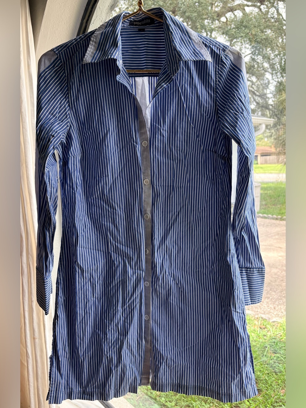 Paperwork Blue/White Striped Button-Down Tunic Shirt